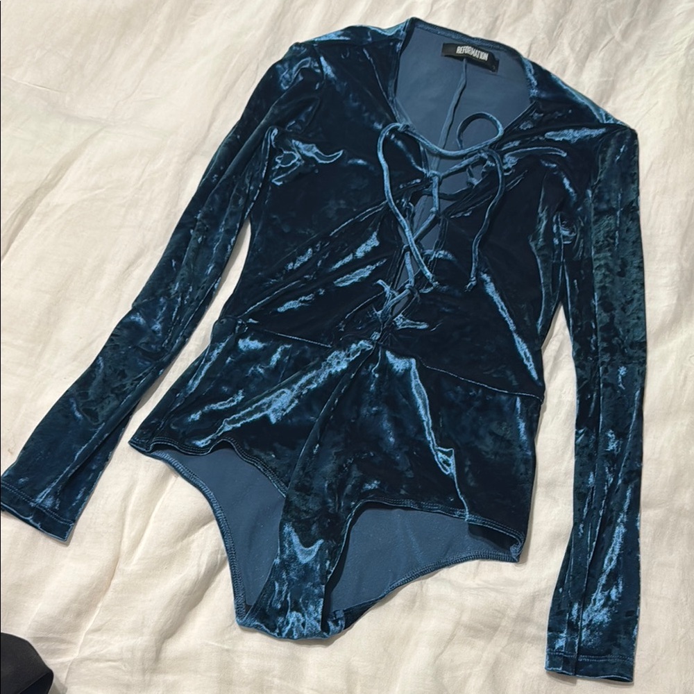 Reformation Blue Tie Front Sailor Collar Bodysuit